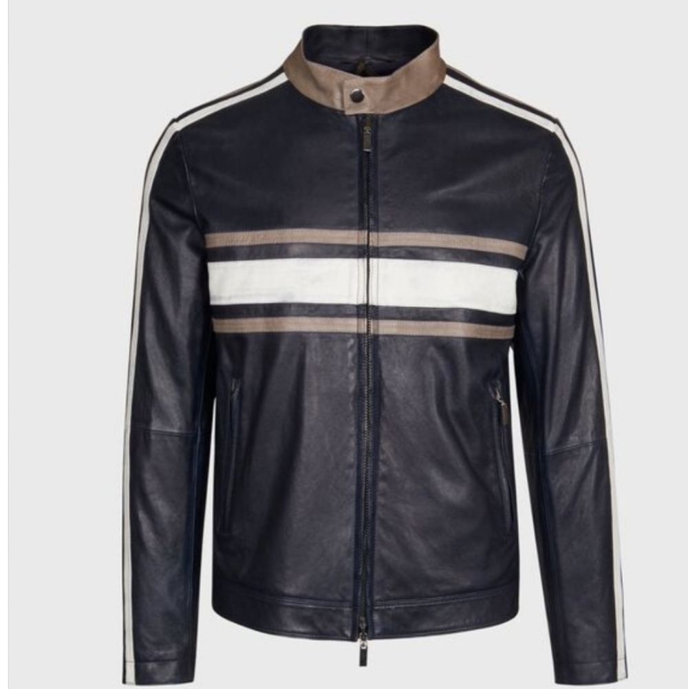 Phineas Cole Leather Riding Jacket with Stripe, Dark Blue